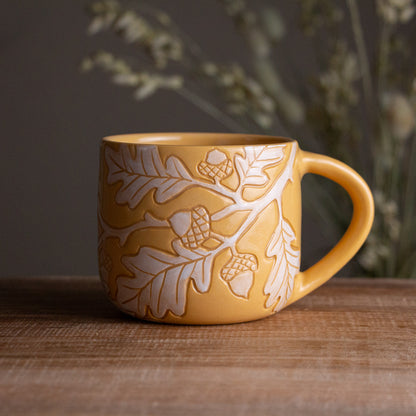 Yellow Sgraffito Oak Branch Mug #2 [13oz]