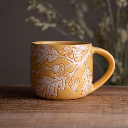 Yellow Sgraffito Oak Branch Mug #2 [13oz]