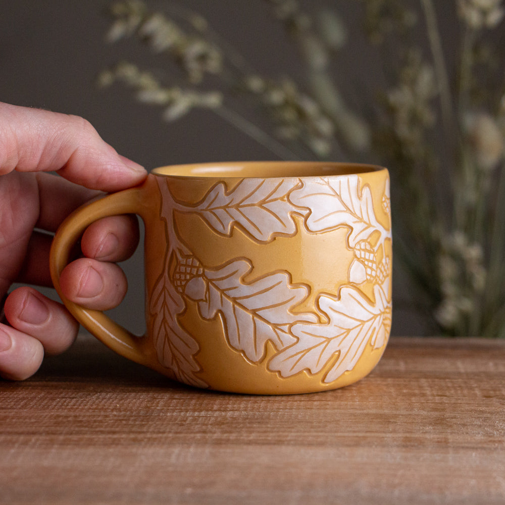 Yellow Sgraffito Oak Branch Mug #2 [13oz]
