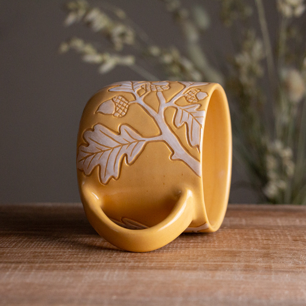 Yellow Sgraffito Oak Branch Mug #2 [13oz]
