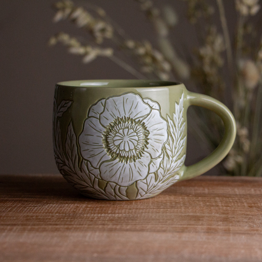 Olive Green Sgraffito Poppy Mug #1 [14oz]