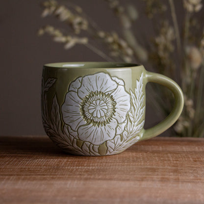Olive Green Sgraffito Poppy Mug #1 [14oz]