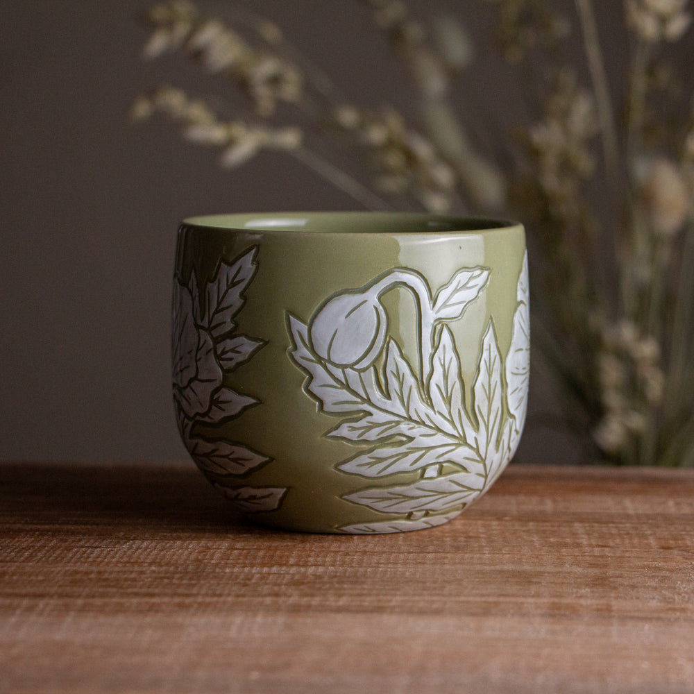 Olive Green Sgraffito Poppy Mug #1 [14oz]