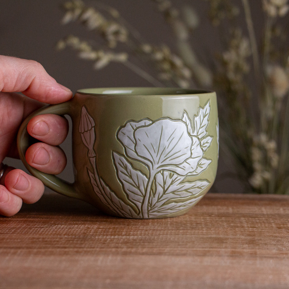 Olive Green Sgraffito Poppy Mug #1 [14oz]