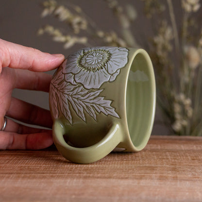 Olive Green Sgraffito Poppy Mug #1 [14oz]