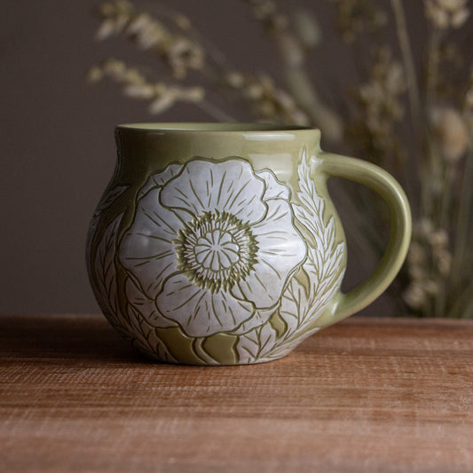 Olive Green Sgraffito Poppy Mug #2 [15oz]