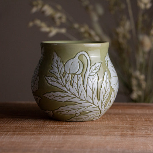 Olive Green Sgraffito Poppy Mug #2 [15oz]