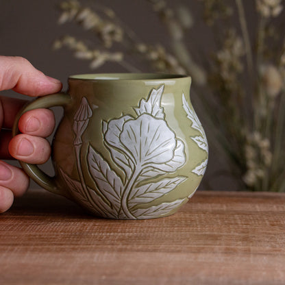 Olive Green Sgraffito Poppy Mug #2 [15oz]