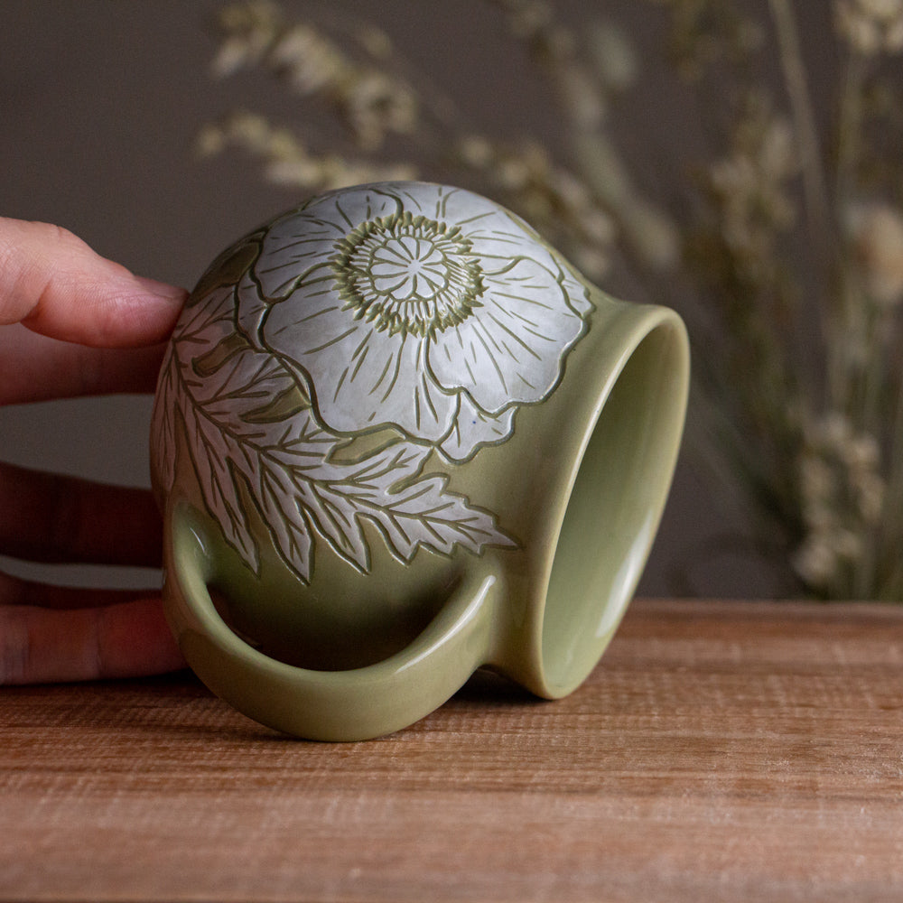 Olive Green Sgraffito Poppy Mug #2 [15oz]
