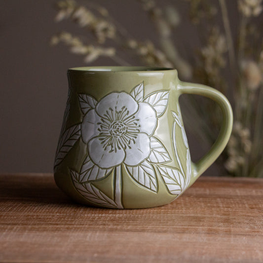Olive Green Sgraffito Hellebore Mug [14oz]