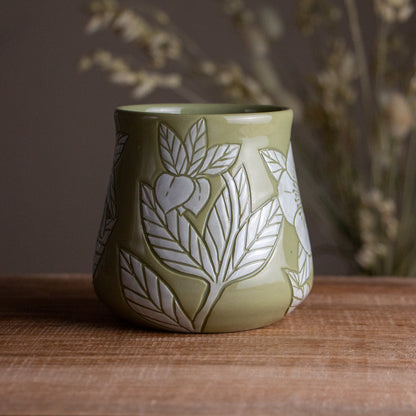Olive Green Sgraffito Hellebore Mug [14oz]