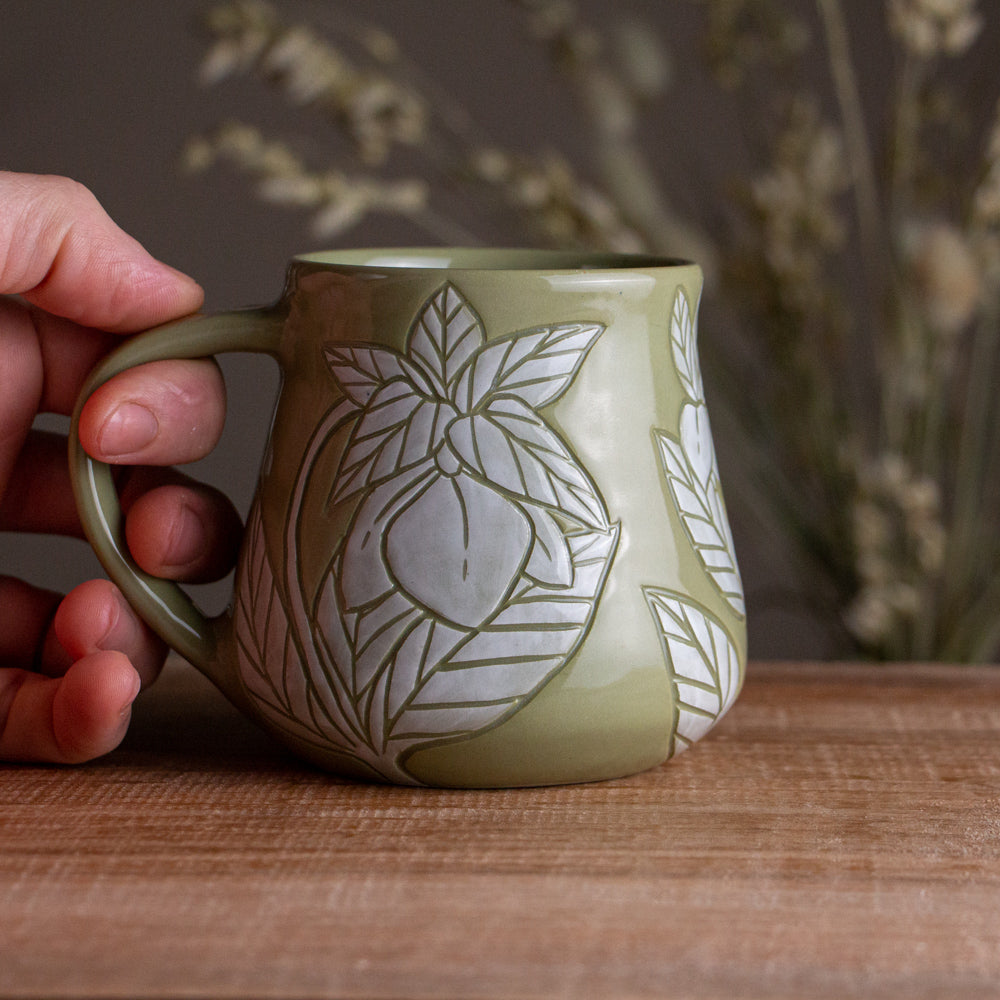 Olive Green Sgraffito Hellebore Mug [14oz]