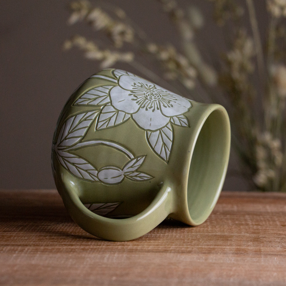 Olive Green Sgraffito Hellebore Mug [14oz]