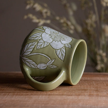 Olive Green Sgraffito Hellebore Mug [14oz]