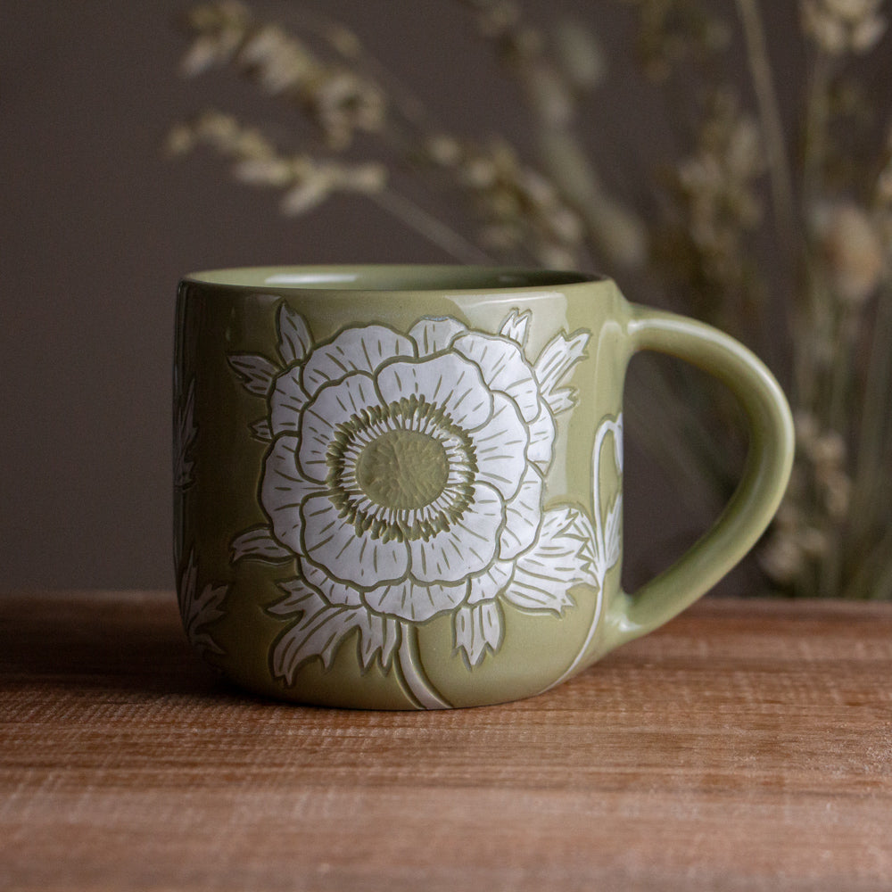 Olive Green Sgraffito Anemone Mug [14oz]