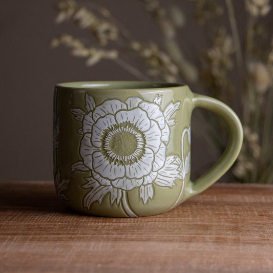 Olive Green Sgraffito Anemone Mug [14oz]