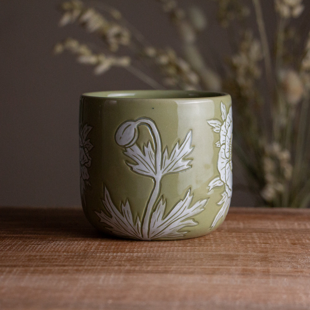 Olive Green Sgraffito Anemone Mug [14oz]