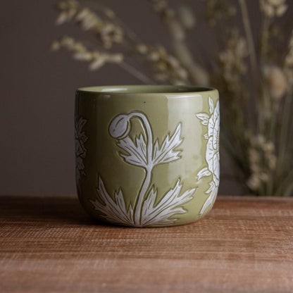 Olive Green Sgraffito Anemone Mug [14oz]