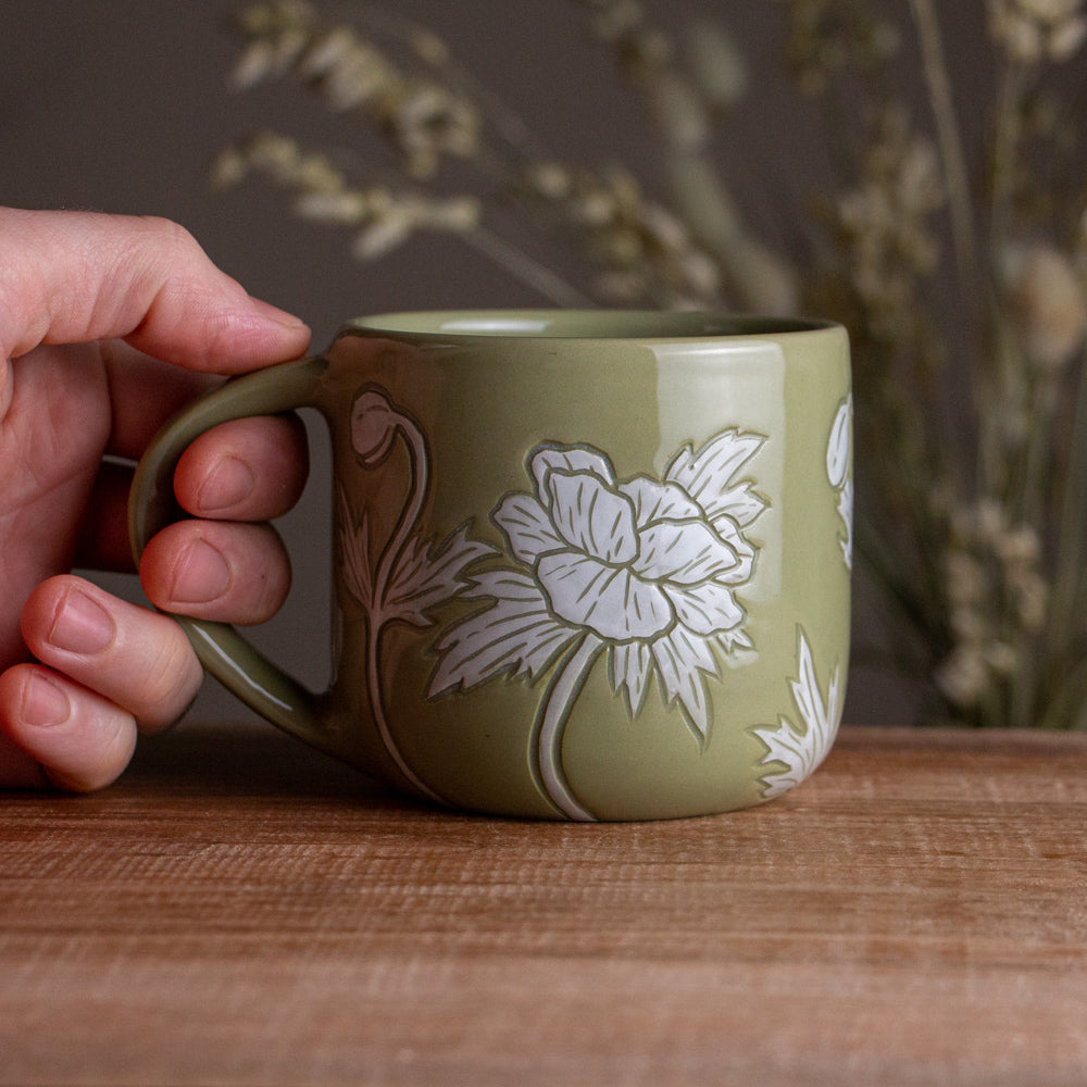 Olive Green Sgraffito Anemone Mug [14oz]
