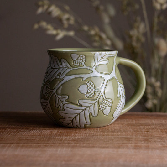 Olive Green Sgraffito Oak Branch Mug #1 [13oz]