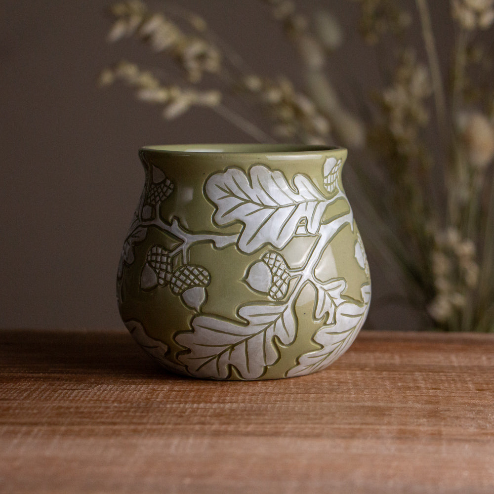 Olive Green Sgraffito Oak Branch Mug #1 [13oz]