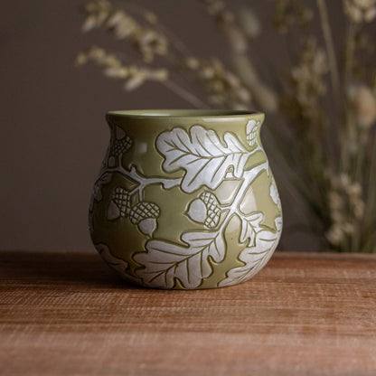 Olive Green Sgraffito Oak Branch Mug #1 [13oz]