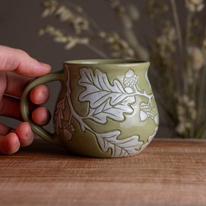 Olive Green Sgraffito Oak Branch Mug #1 [13oz]