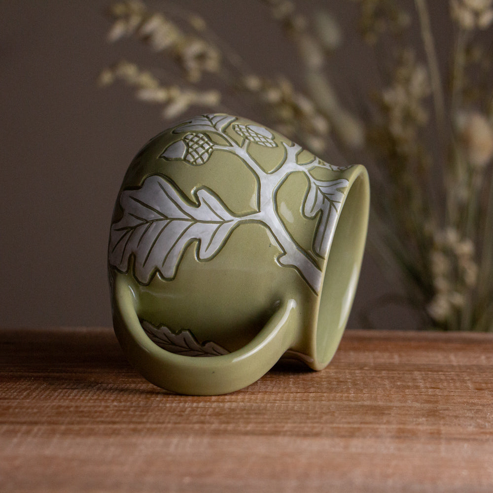 Olive Green Sgraffito Oak Branch Mug #1 [13oz]