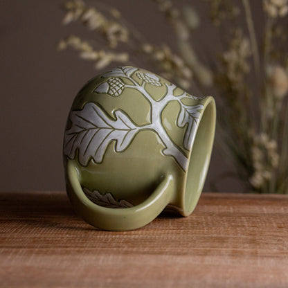 Olive Green Sgraffito Oak Branch Mug #1 [13oz]
