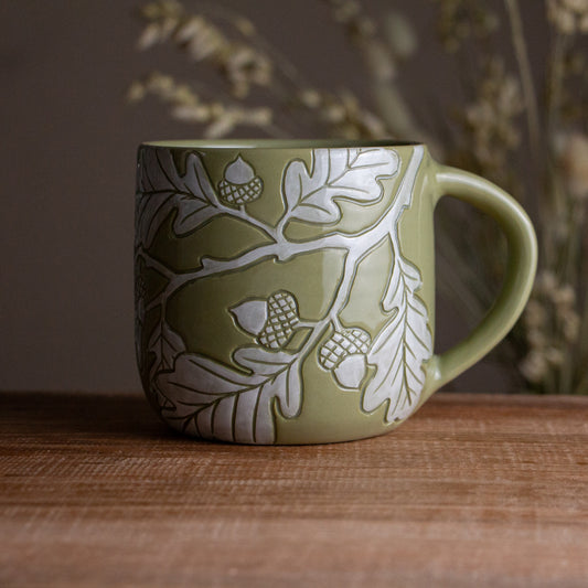 Olive Green Sgraffito Oak Branch Mug #2 [18oz]