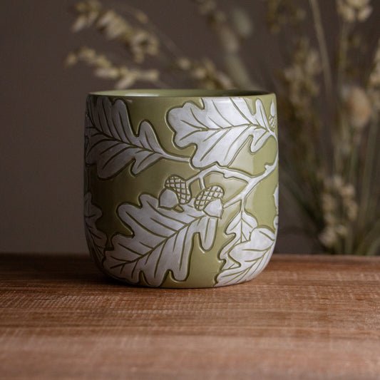 Olive Green Sgraffito Oak Branch Mug #2 [18oz]