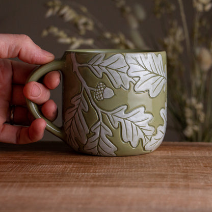 Olive Green Sgraffito Oak Branch Mug #2 [18oz]