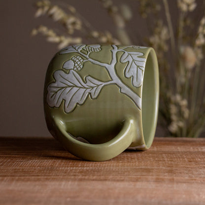 Olive Green Sgraffito Oak Branch Mug #2 [18oz]