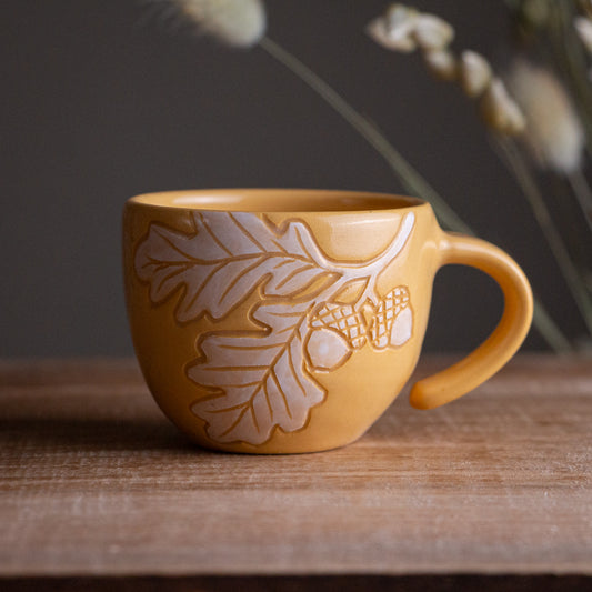 Yellow Sgraffito Oak Branch Espresso Cup [3.5oz]