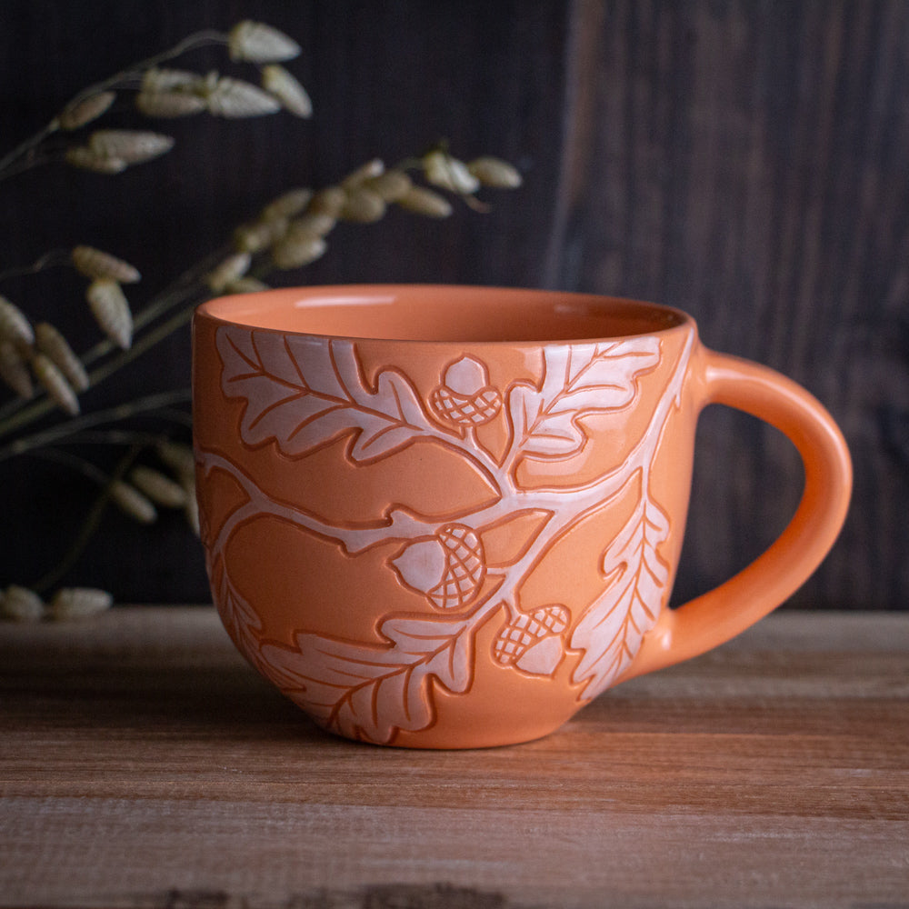 Peach Sgraffito Oak Branch Mug [14oz]