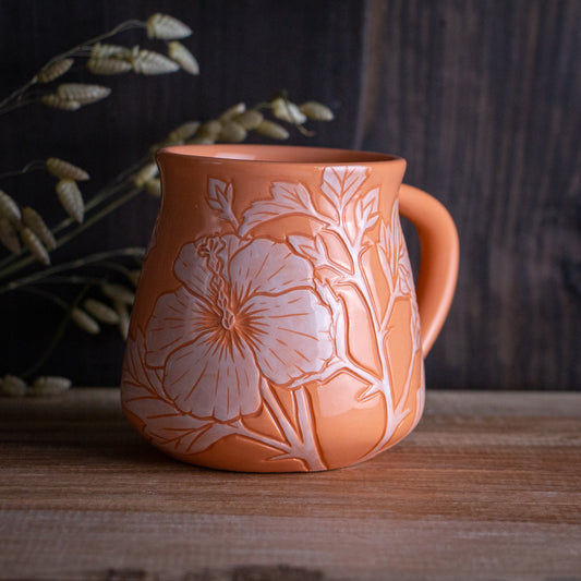 Peach Sgraffito Hibiscus Mug [14oz]
