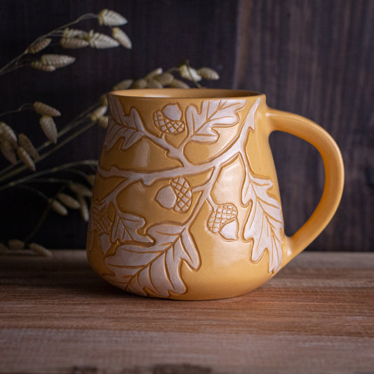 Yellow Sgraffito Oak Branch Mug #1 [16oz]