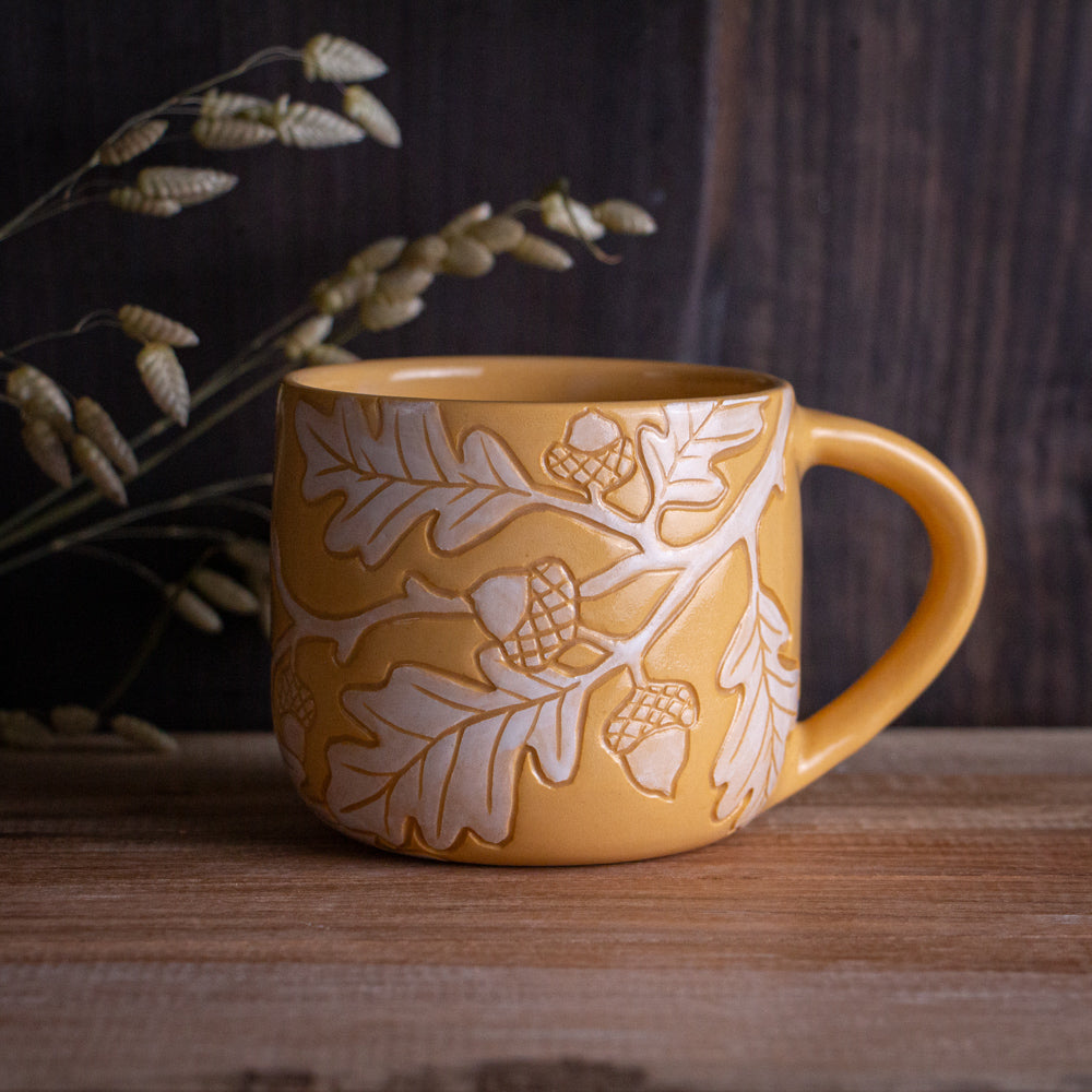 Yellow Sgraffito Oak Branch Mug #2 [13oz]