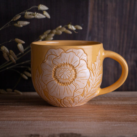 Yellow Sgraffito Poppy Mug 15oz