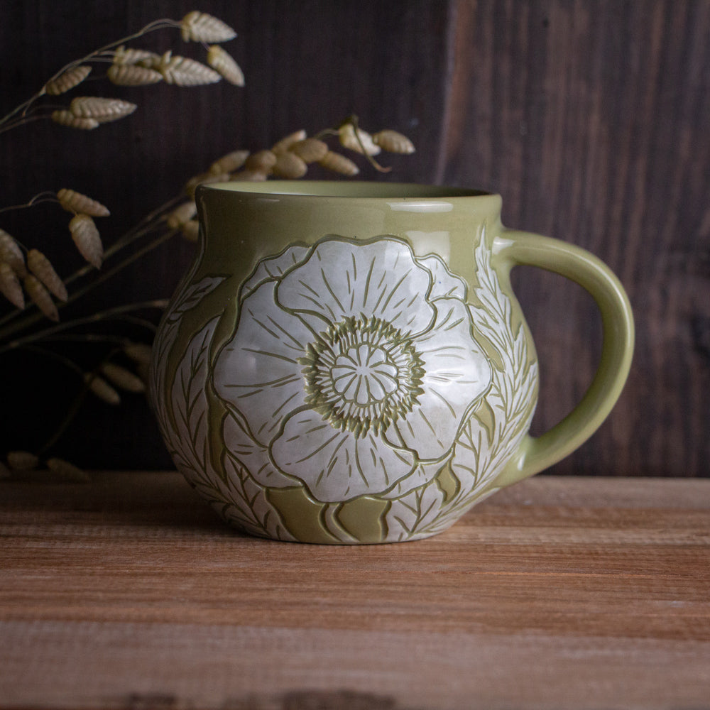Olive Green Sgraffito Poppy Mug #2 [15oz]
