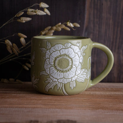 Olive Green Sgraffito Anemone Mug [14oz]