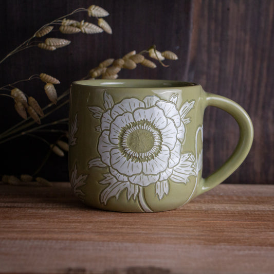 Olive Green Sgraffito Anemone Mug [14oz]