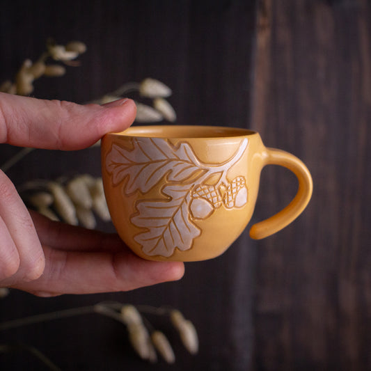 Yellow Sgraffito Oak Branch Espresso Cup [3.5oz]