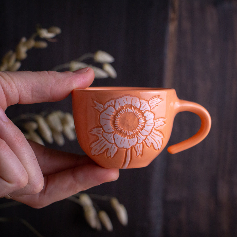 Peach Sgraffito Anemone Espresso Cup [3.5oz]