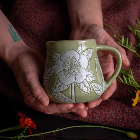 Olive Green Sgraffito Hellebore Mug [14oz]