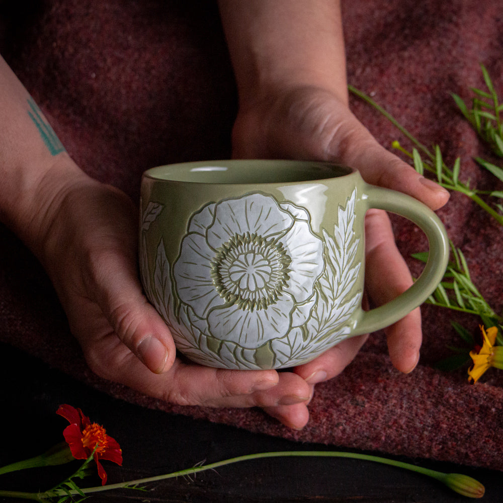 Olive Green Sgraffito Poppy Mug #1 [14oz]