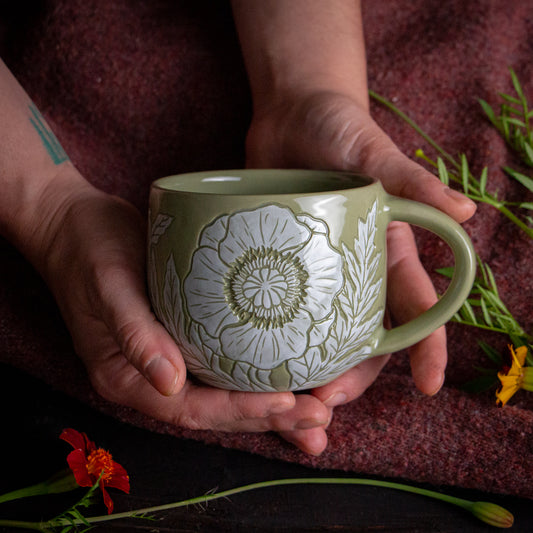 Olive Green Sgraffito Poppy Mug #1 [14oz]