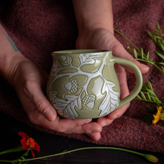 Olive Green Sgraffito Oak Branch Mug #1 [13oz]
