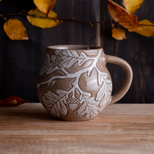 Red Sandstone Sgraffito Oak Branch Mug #1 [13oz]