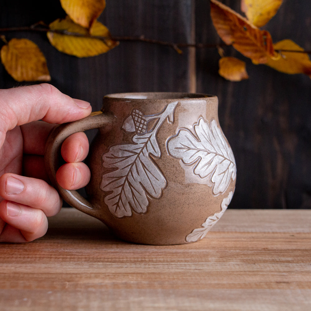 Red Sandstone Sgraffito Oak Branch Mug #1 [13oz]